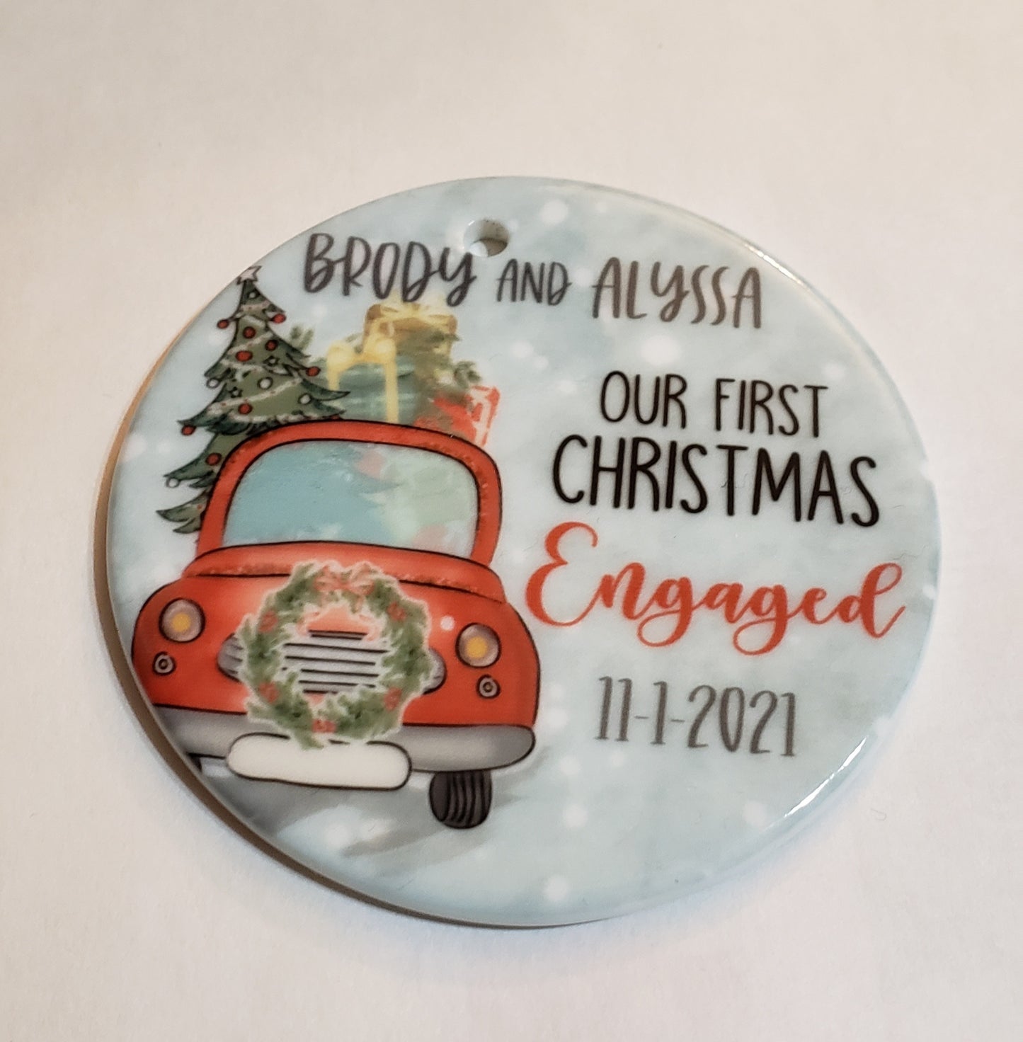 Red Truck Christmas Scene-'Our First Christmas' Engaged/Married Personalized Ornament